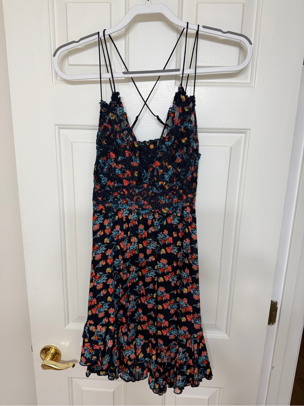 Free People Black Floral Mini Dress with Coral & Teal Flowers